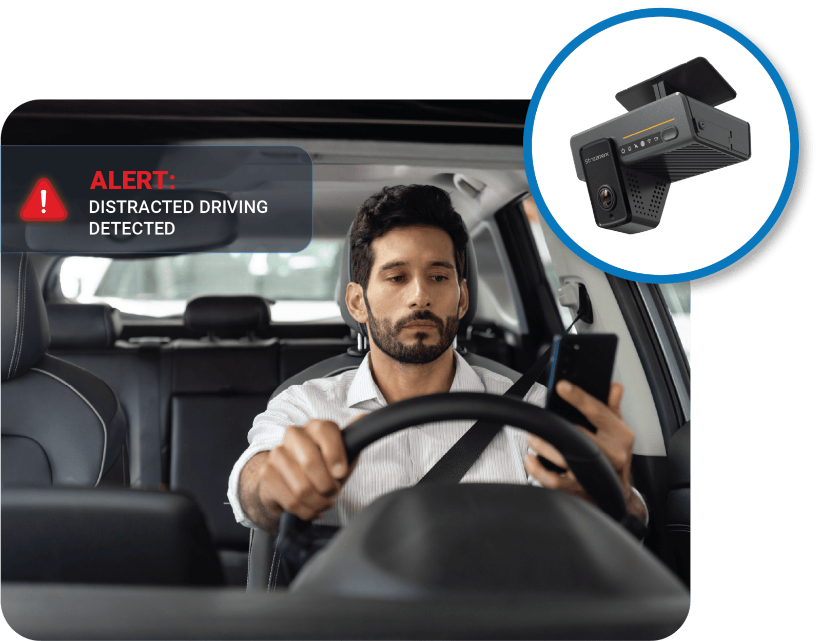 driver looking at phone, driving distracted, alert from dashcamera